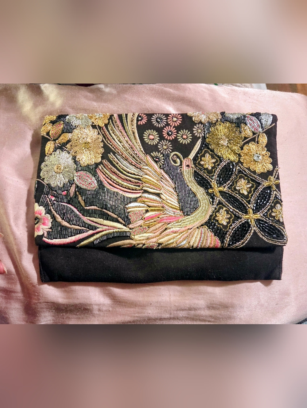 Vintage Embroidered Black Clutch with Gold & Pink Phoenix Detail By Steve Madden